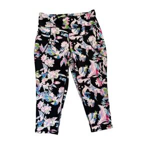 Bebe Sport Floral Print Capri Leggings Activewear Black Pink Blue 1X